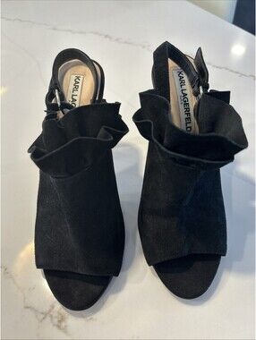 Karl Lagerfeld Paris Lanka Ruffled Black Suede High Heels Sandals Shoes Size 5